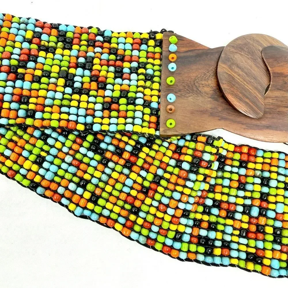Colorful Seed Bead Wood Clasp Buckle Boho Festival Ethnic Tribal Stretch Belt